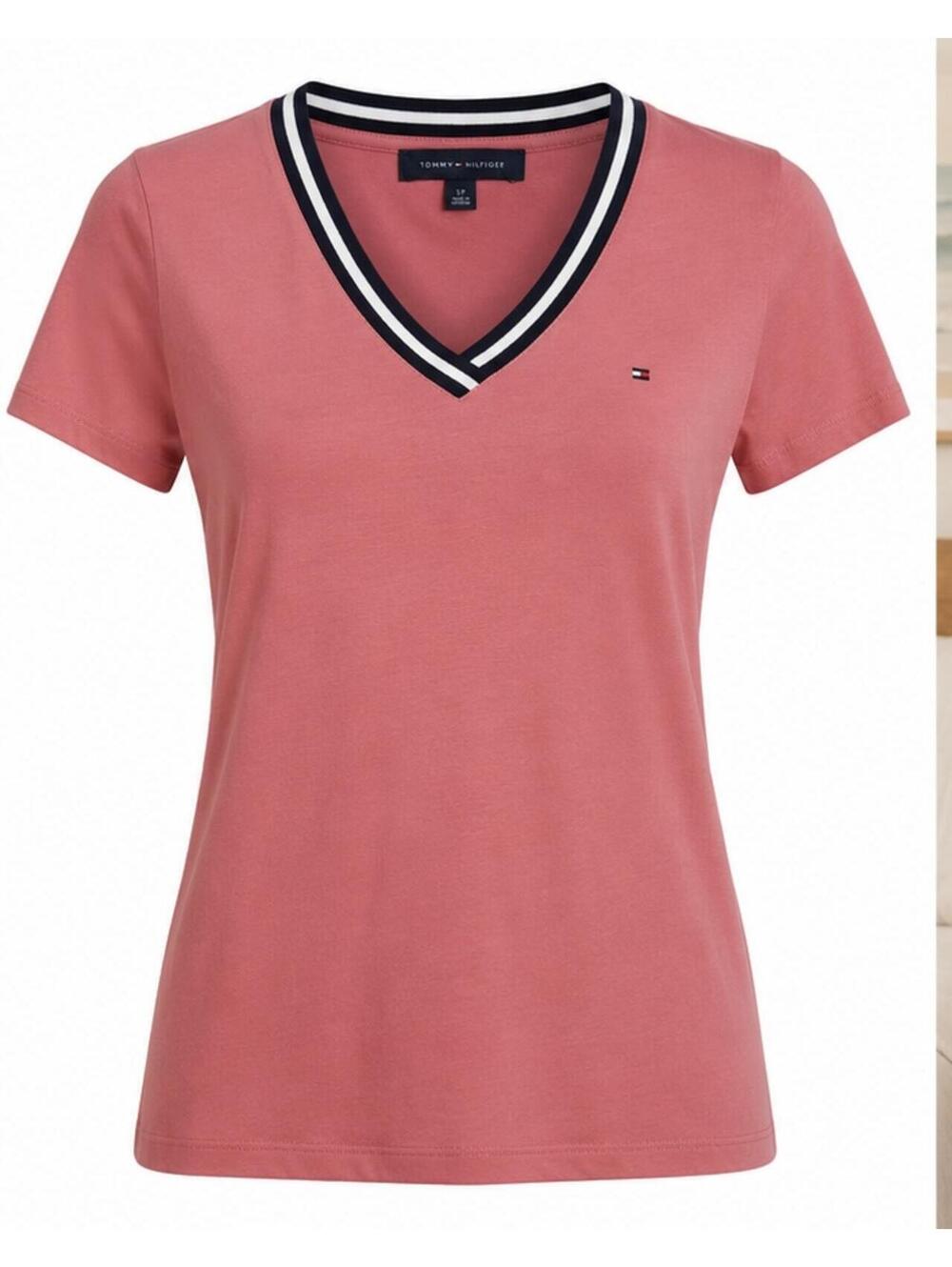 Tommy Hilfiger Women’s Petite Small Coral Pink VNeck Stretch Cotton T Shirt Logo